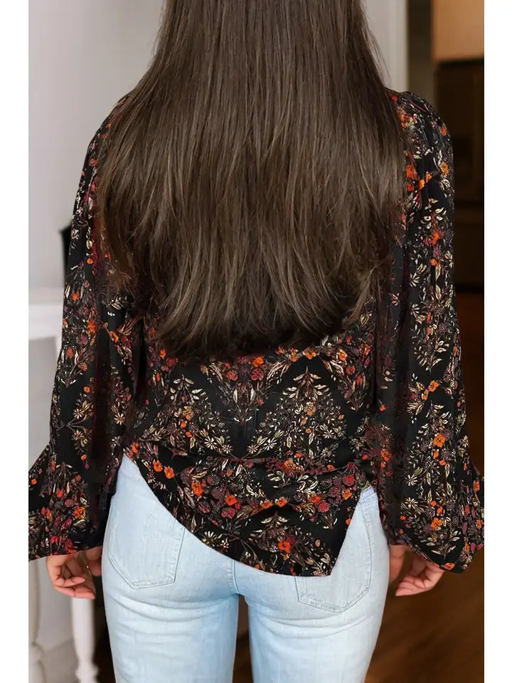 Sassy Floral Print Puff Long Sleeve Blouse
