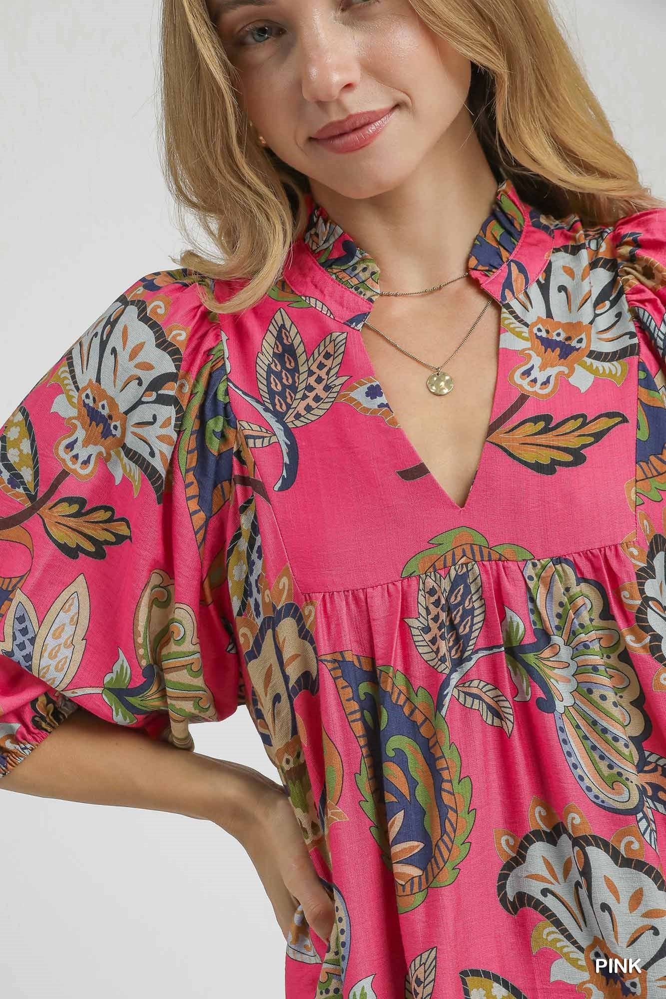 Abstract Print Puff Sleeve Babydoll Dress