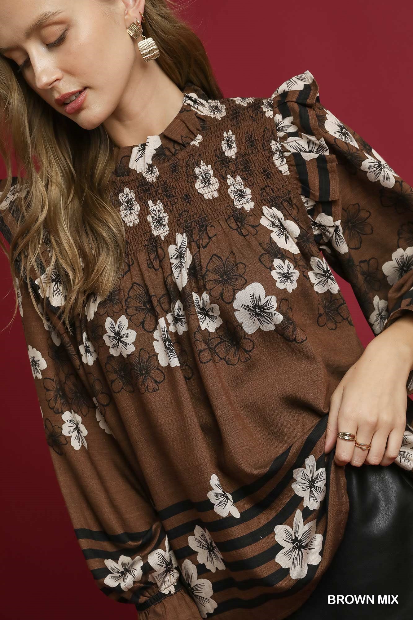 Mix Floral Smocked Ruffle Blouse