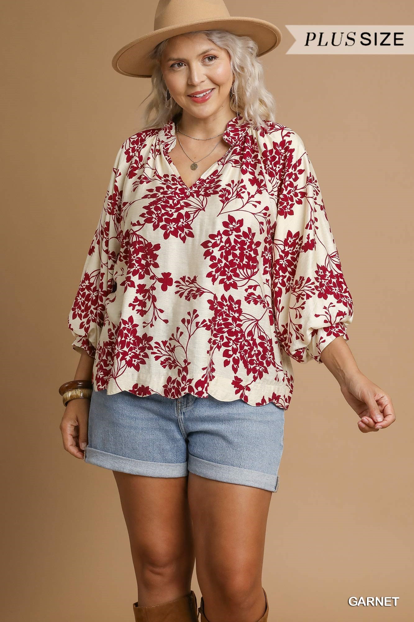Cherry Blossom Print Scalloped Hem Blouse (PLUS SIZE)