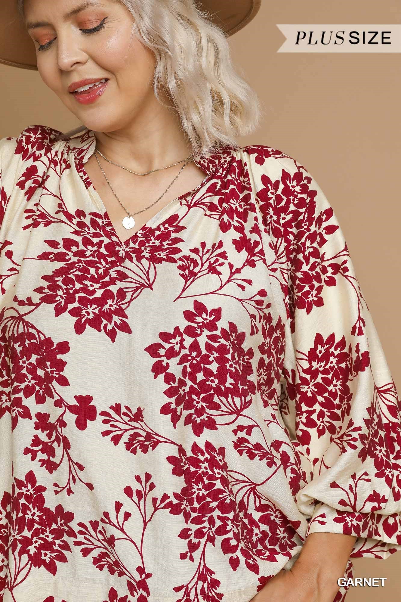 Cherry Blossom Print Scalloped Hem Blouse (PLUS SIZE)