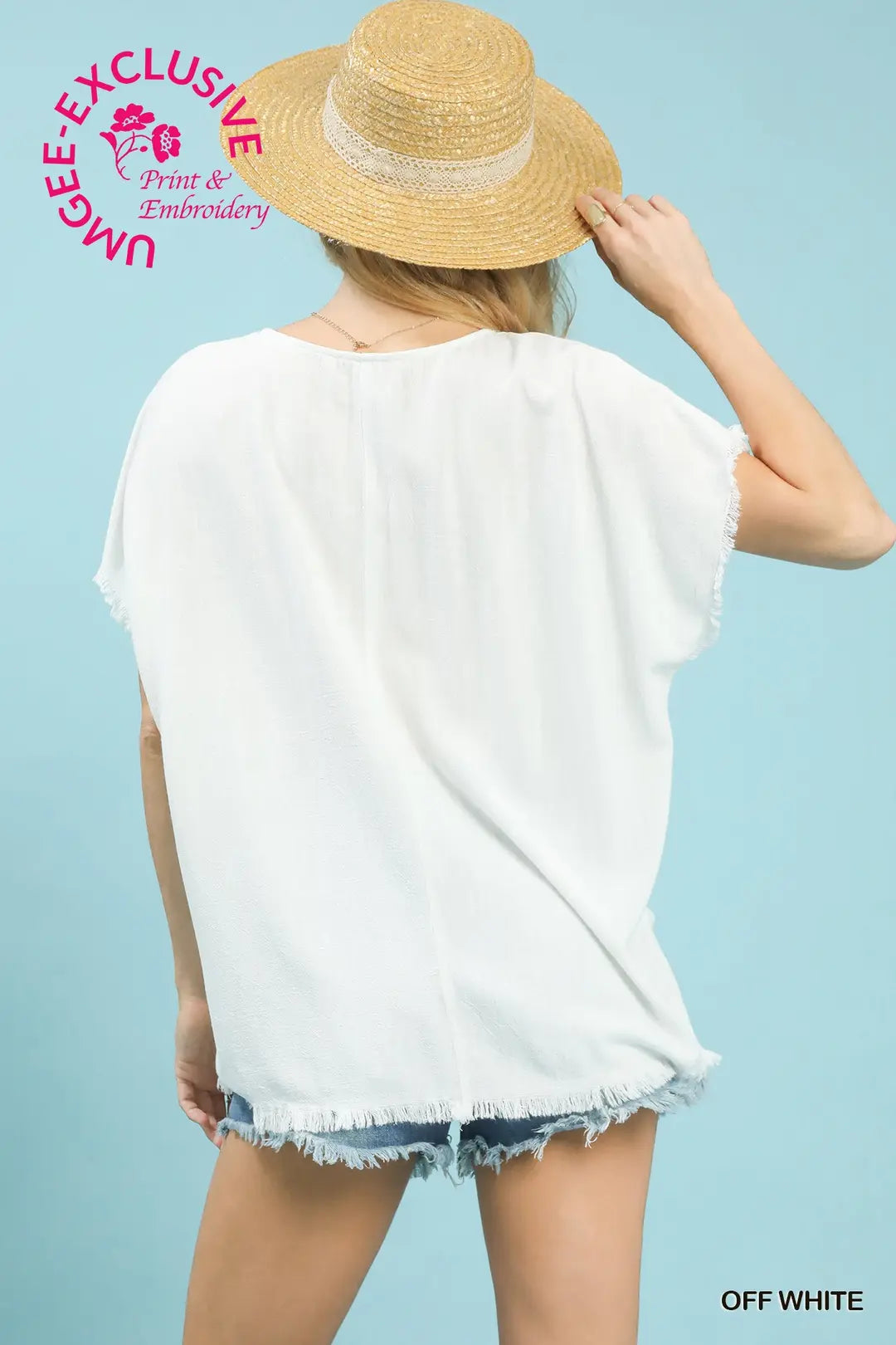 Linen Blend Embroidered Frayed Hem Top