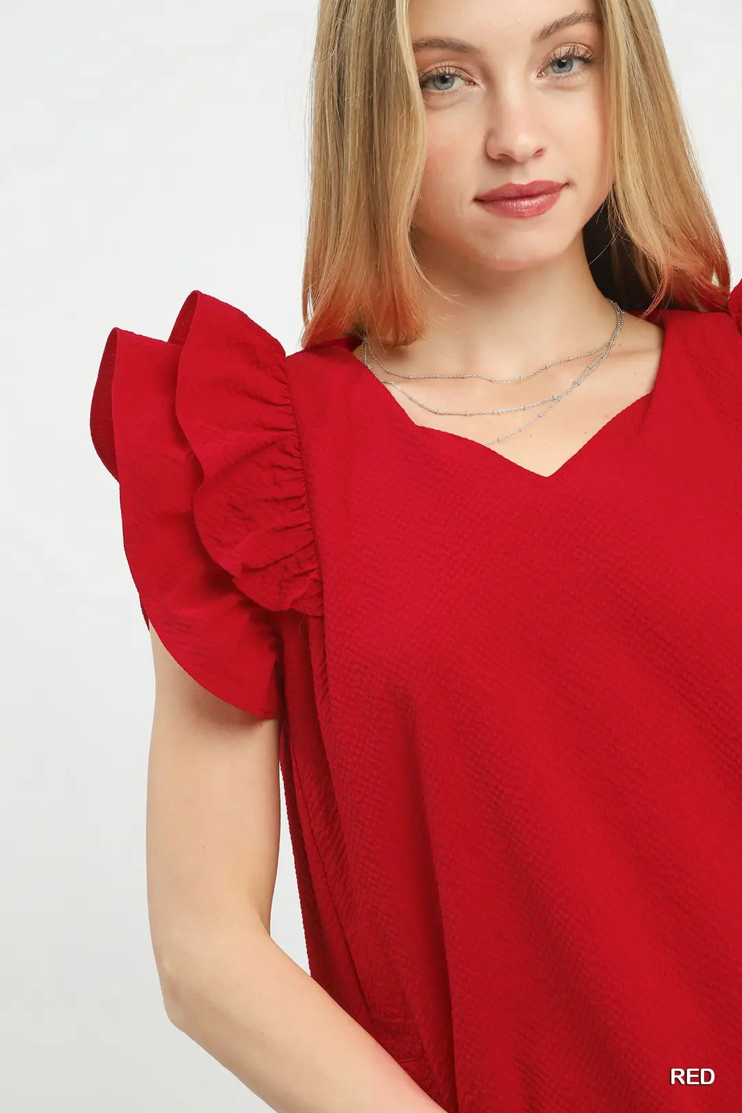 Red Seersucker Ruffle Shift Dress