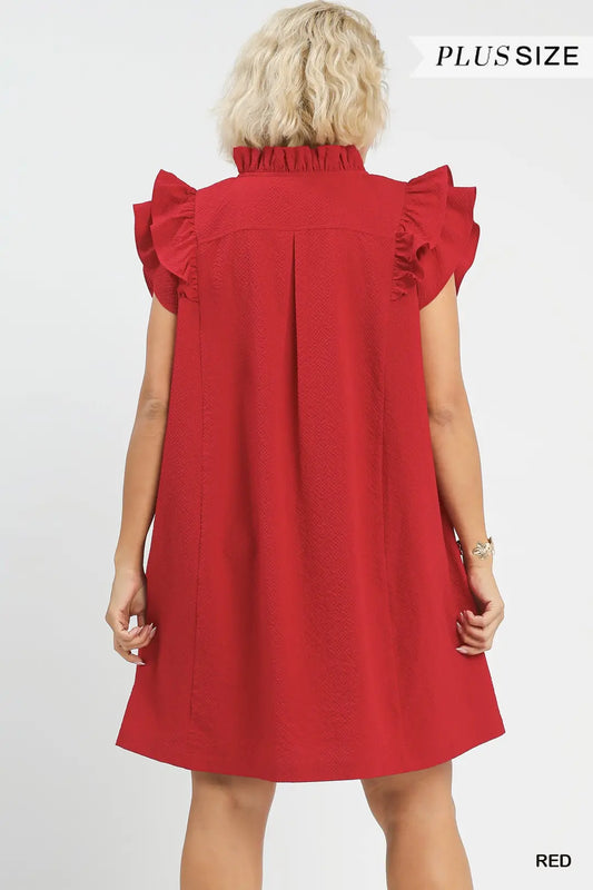 Red Seersucker Ruffle Shift Dress (PLUS)