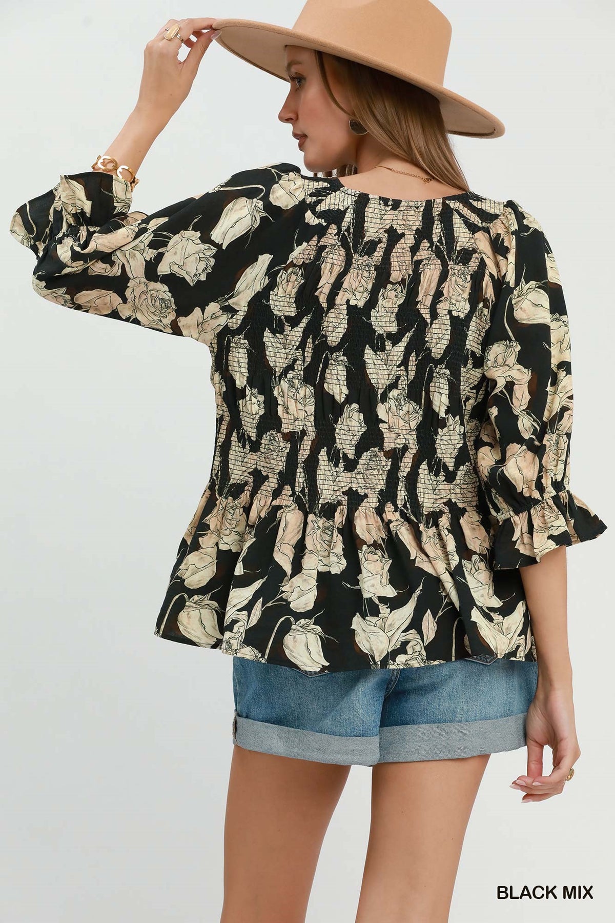 Mix Floral Smocked Yoke Ruffle Sleeve Blouse