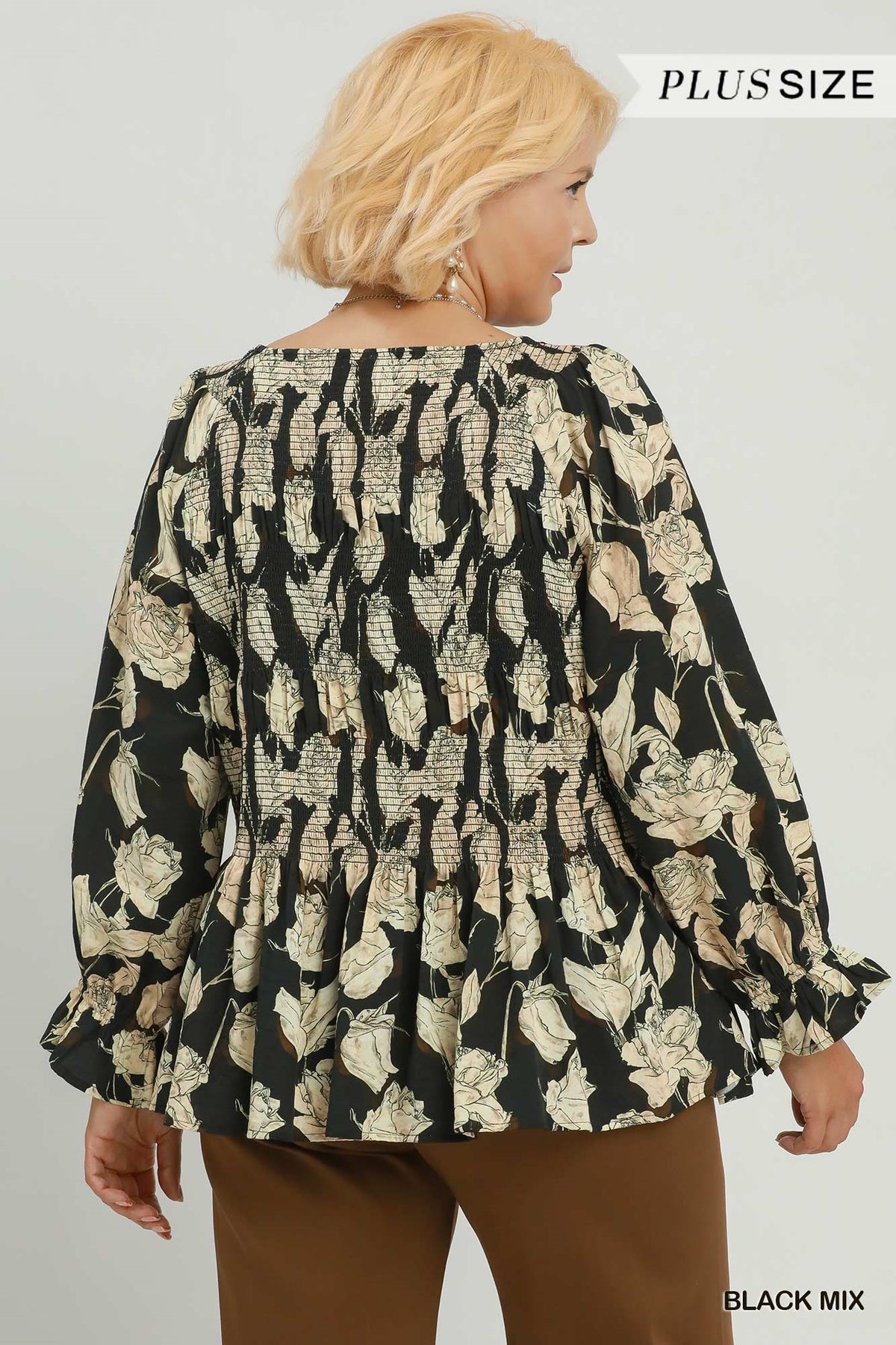 Mix Floral Smocked Yoke Ruffle Sleeve Blouse (PLUS)