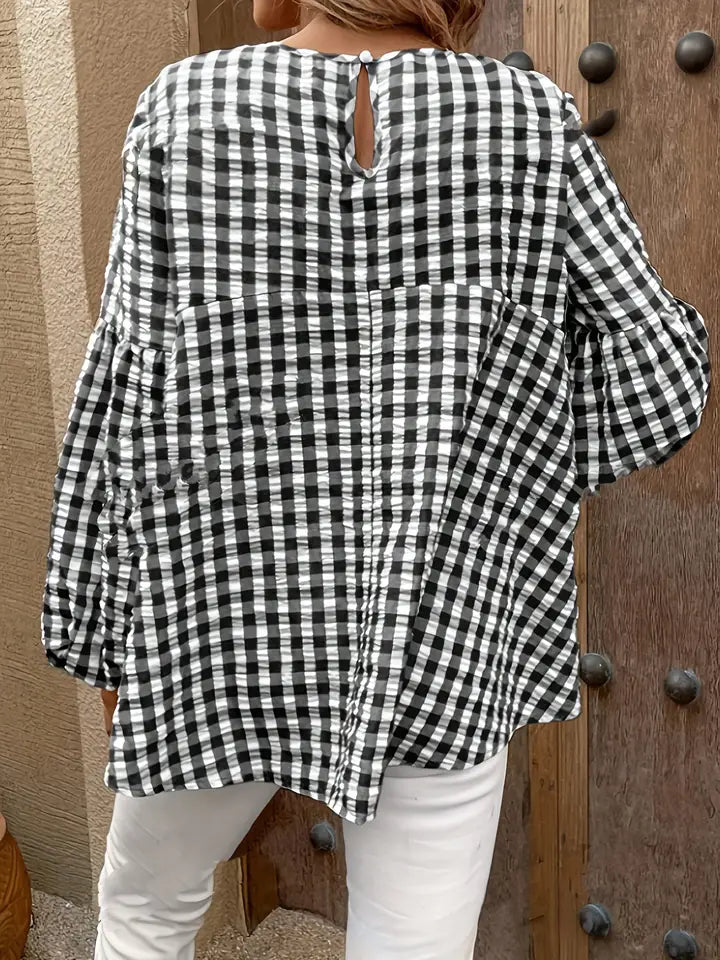 Gingham Checkered Lantern Sleeve Blouse