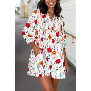 Floral 3/4 Puff Sleeve Dress