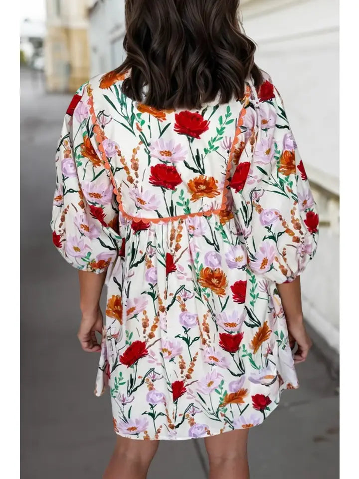 Floral 3/4 Puff Sleeve Dress