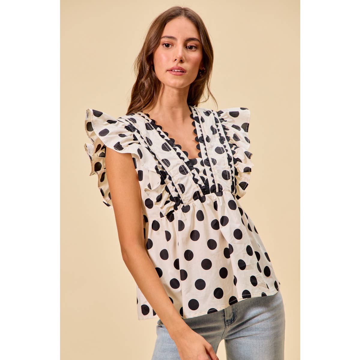 POLKA DOT RUFFLED BABY DOLL BLOUSE TOP