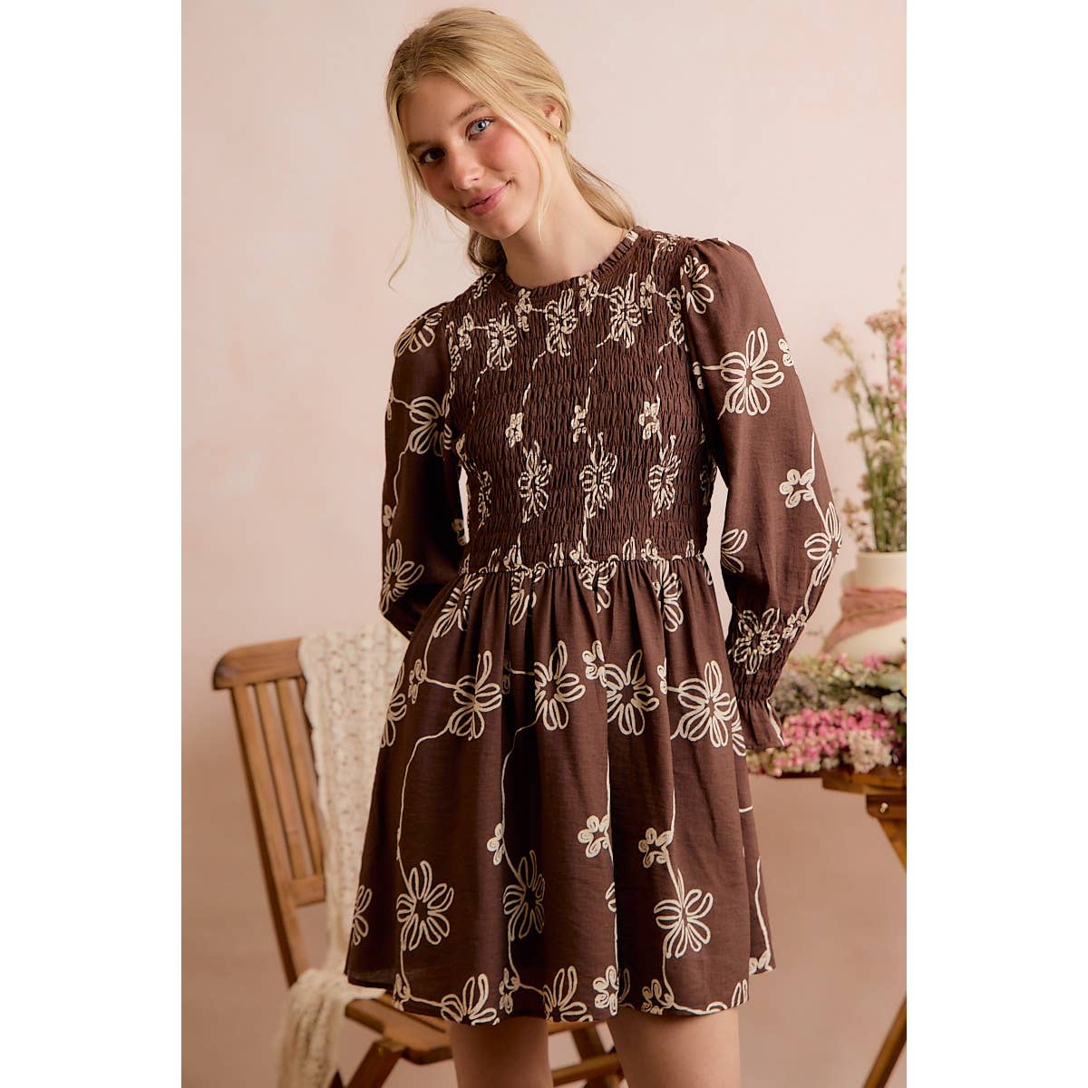 FLORAL SMOCKED BODICE LONG SLEEVES MINI DRESS