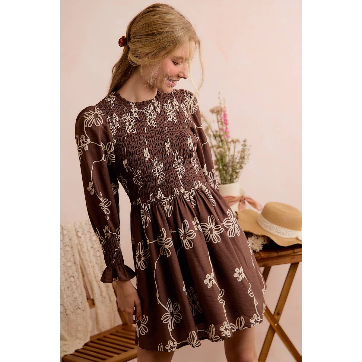FLORAL SMOCKED BODICE LONG SLEEVES MINI DRESS