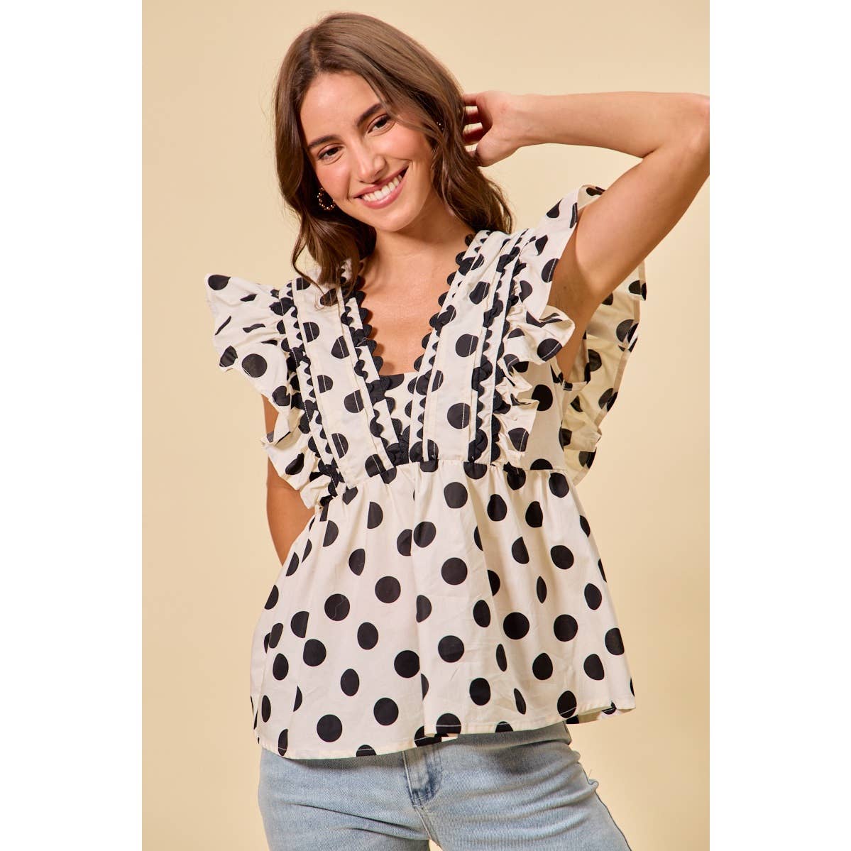 POLKA DOT RUFFLED BABY DOLL BLOUSE TOP