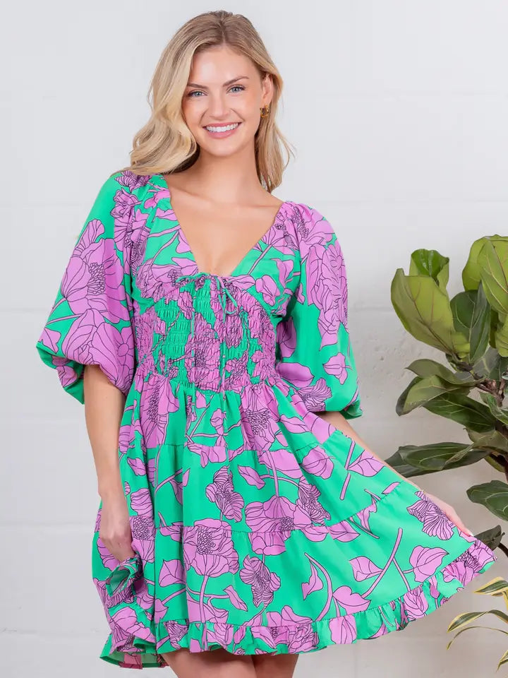 Floral Balloon Sleeve Dress