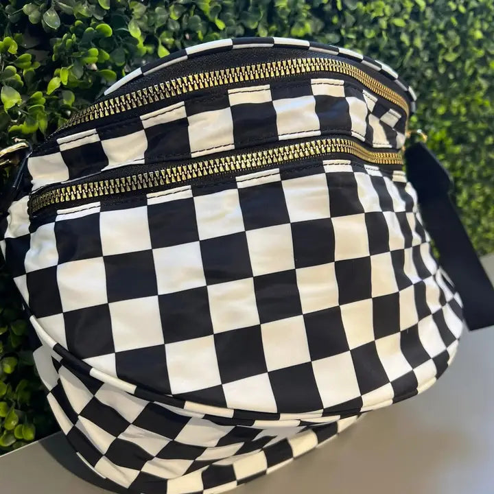 Checkered Double Zip Nylon Bag