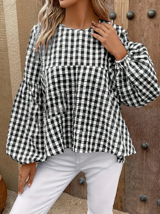 Gingham Checkered Lantern Sleeve Blouse