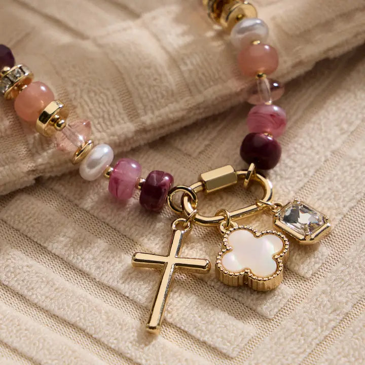 Vibrant Beaded Bracelet with Gold-Tone Trio Charms