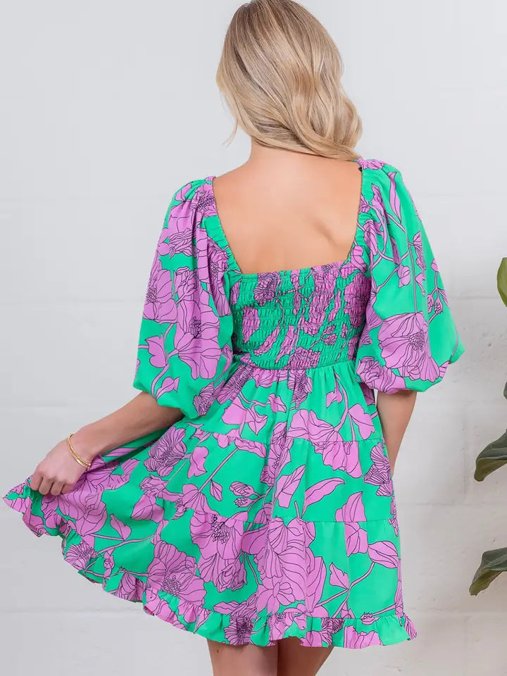 Floral Balloon Sleeve Dress