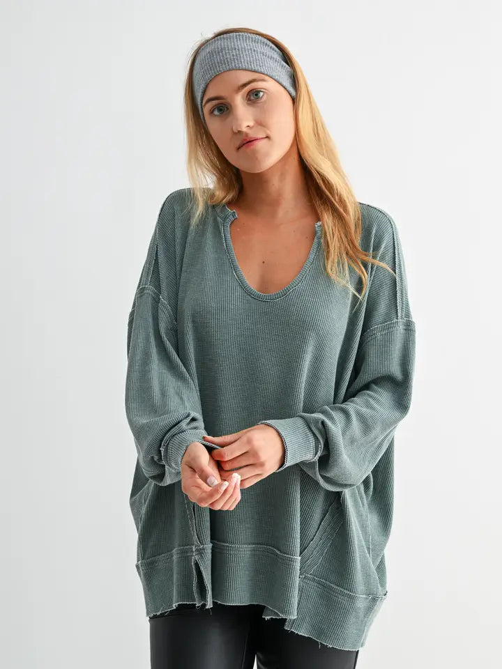Cotton Blend Waffle Knit Oversized Long Sleeve