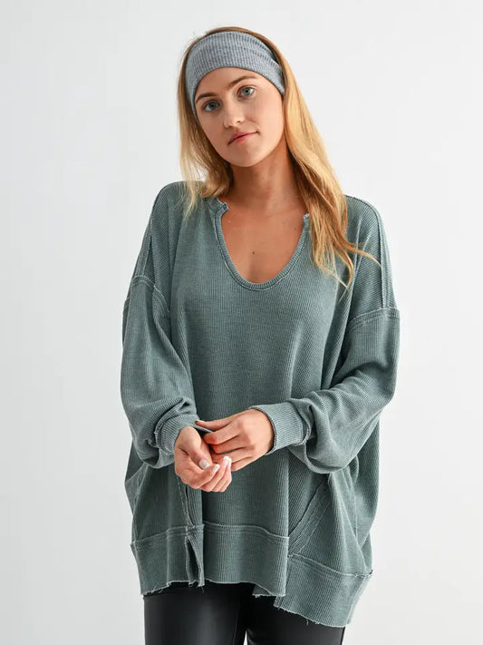 Cotton Blend Waffle Knit Oversized Long Sleeve