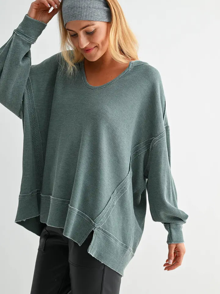 Cotton Blend Waffle Knit Oversized Long Sleeve