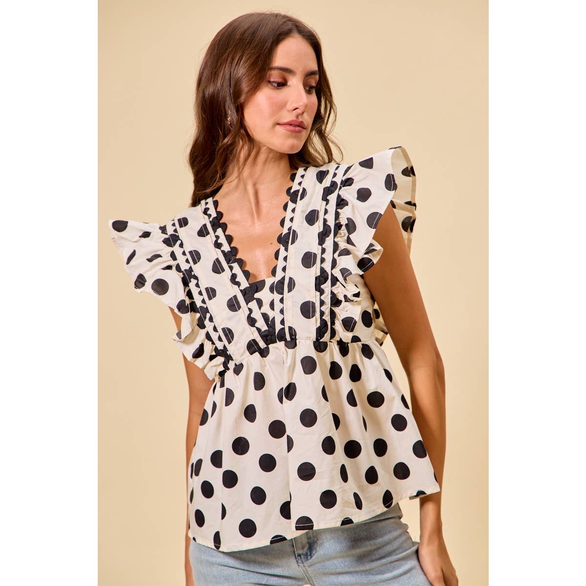 POLKA DOT RUFFLED BABY DOLL BLOUSE TOP
