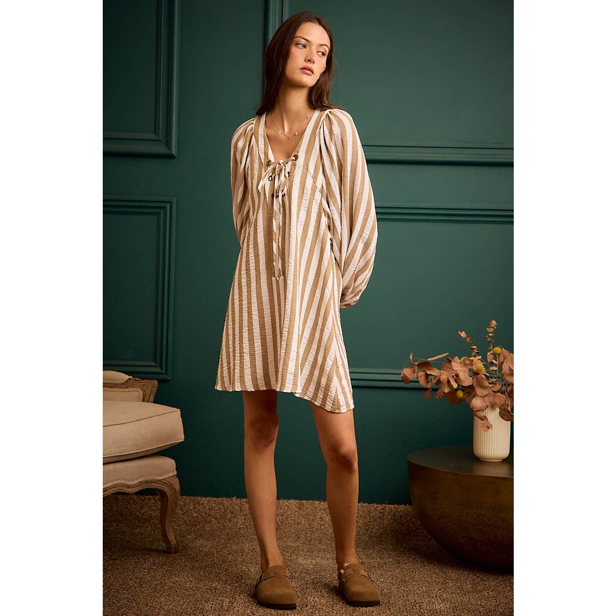 STRIPE WOVEN LACE UP DRESS WITH BUBBLE SLEEVES