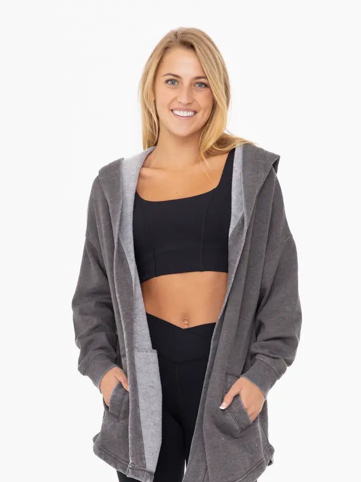 Mineral Washed Fleece Hooded Cardigan