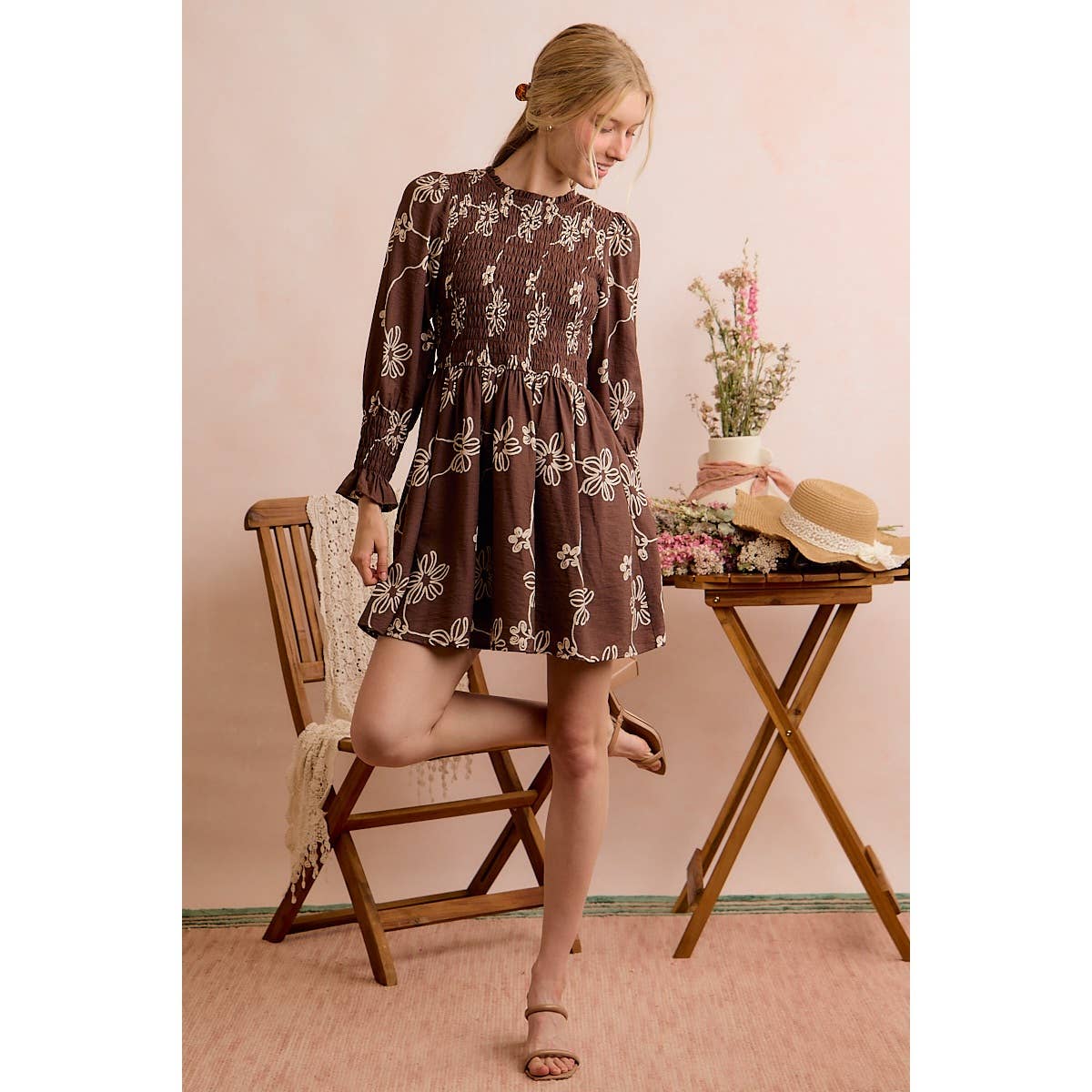 FLORAL SMOCKED BODICE LONG SLEEVES MINI DRESS