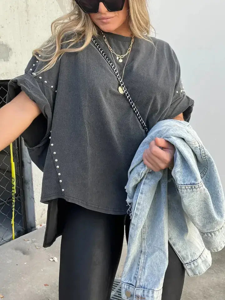 Casual Roll up Studded Sleeve Top