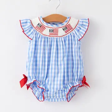 4th of July Flag Embroidery Smocking Girls Romper