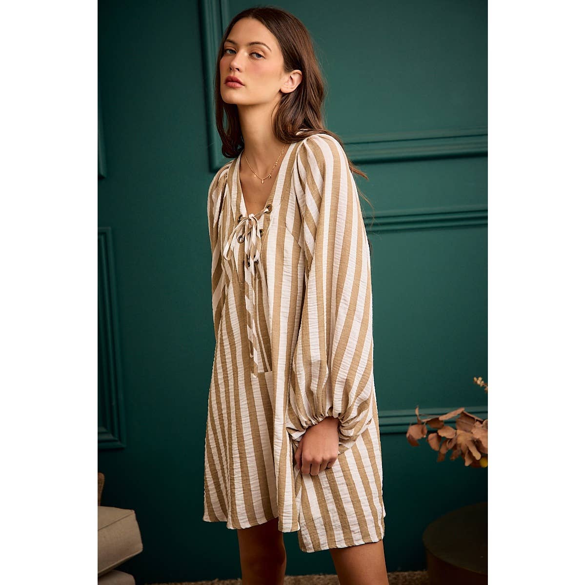 STRIPE WOVEN LACE UP DRESS WITH BUBBLE SLEEVES
