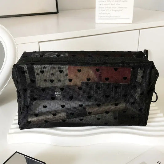 Black Heart Mesh Portable Makeup Bag
