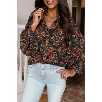 Sassy Floral Print Puff Long Sleeve Blouse