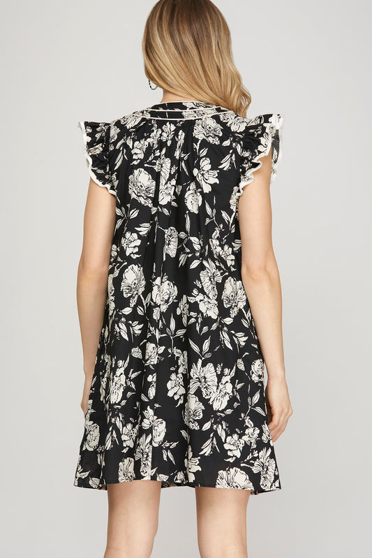 Black and White Floral Print Dress