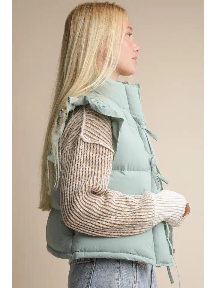 Front Bow Ruffle Sleeve Puffer Vest