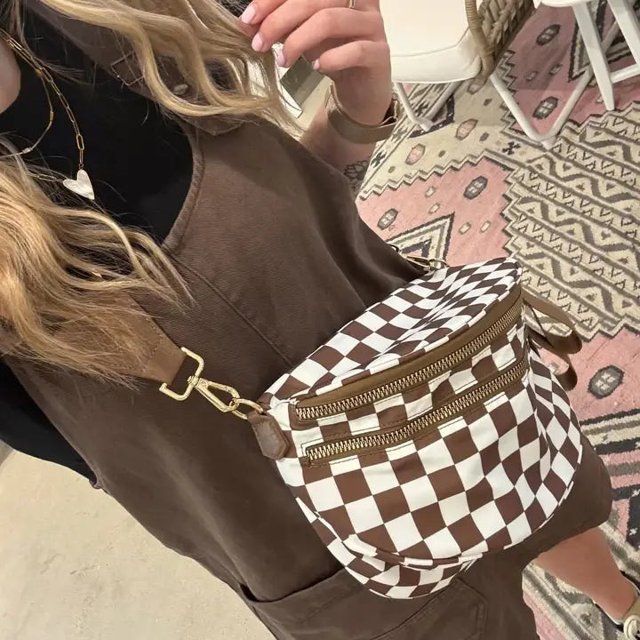 Checkered Double Zip Nylon Bag