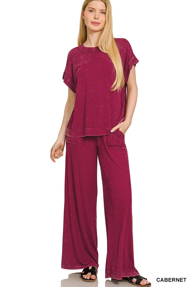 `Ribbed Washed Rayon Top & Pants Set Zenana