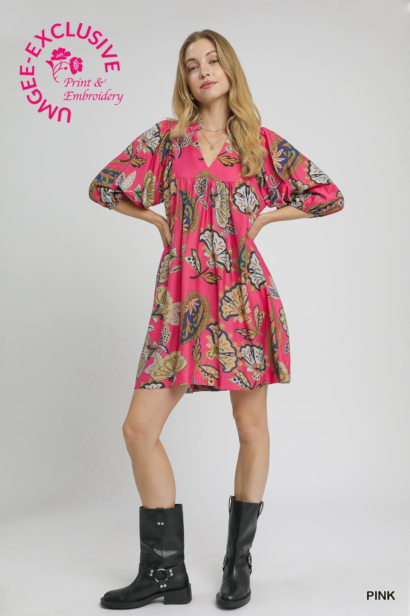 Abstract Print Puff Sleeve Babydoll Dress