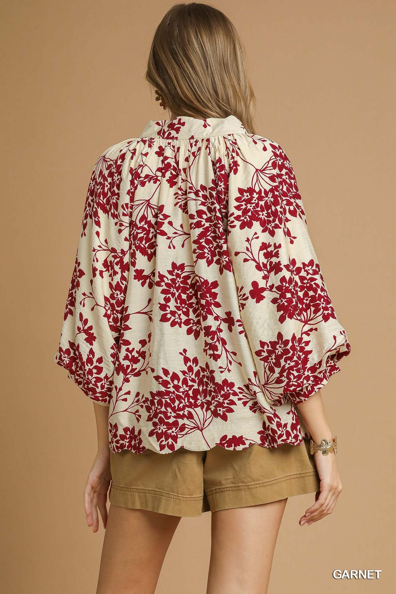 Cherry Blossom Print Scalloped Hem Blouse