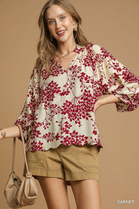 Cherry Blossom Print Scalloped Hem Blouse