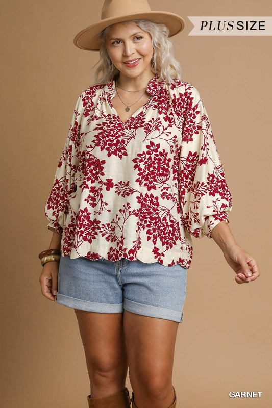 Cherry Blossom Print Scalloped Hem Blouse (PLUS SIZE)