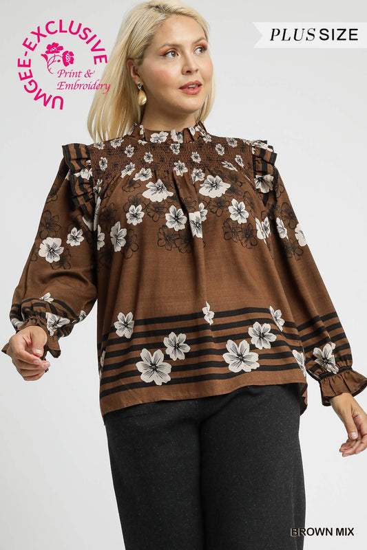 Mix Floral Smocked Ruffle Blouse (Plus Size)