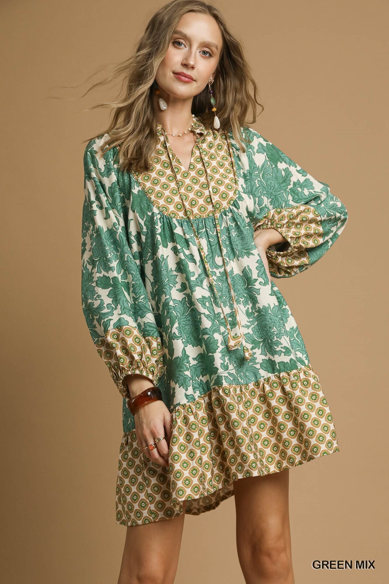 Floral & Geometric Print Boho Mini Dress
