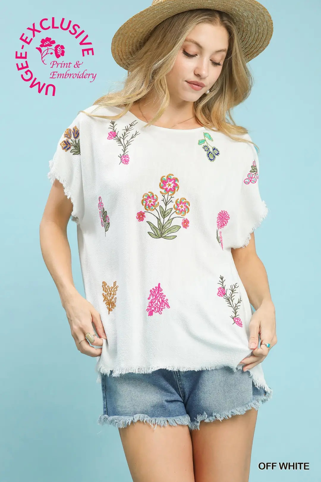 Linen Blend Embroidered Frayed Hem Top