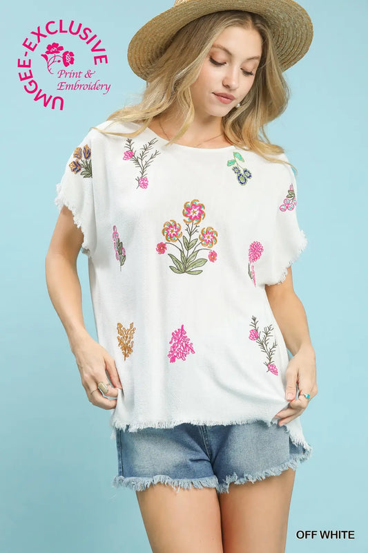 Linen Blend Embroidered Frayed Hem Top