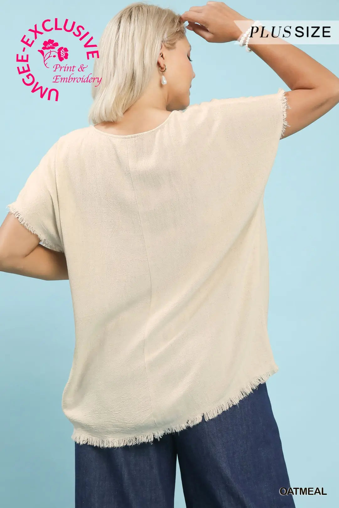 Linen Blend Embroidered Frayed Hem Top (PLUS)