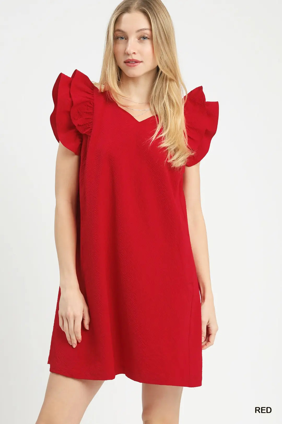 Red Seersucker Ruffle Shift Dress