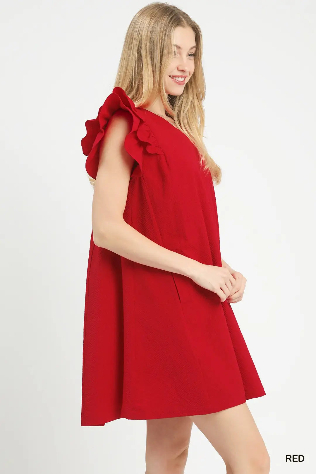 Red Seersucker Ruffle Shift Dress