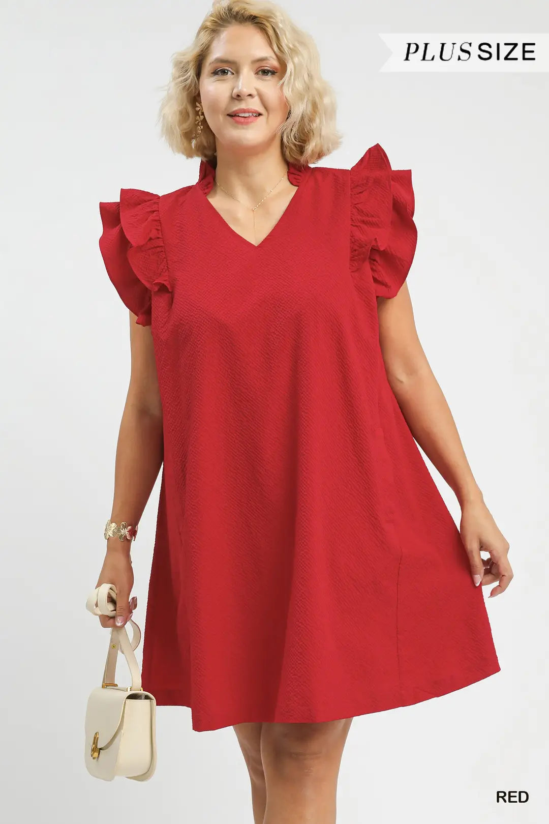 Red Seersucker Ruffle Shift Dress (PLUS)